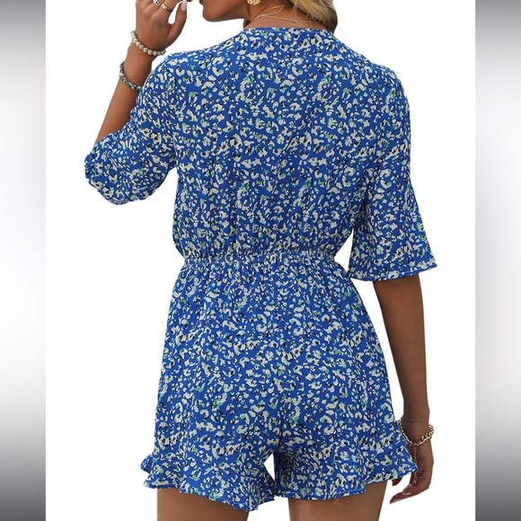 Blue and White Romper with Front Tie - Picture 2 of 6